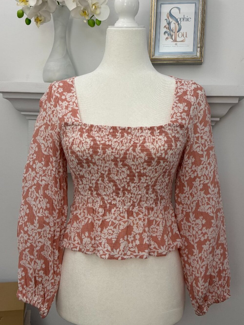 Dusty Rose Cream Floral Smocked Square Neck Blouse M